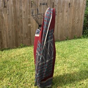 Burgundy Sari with Pale Olive and Teal Flowered Print